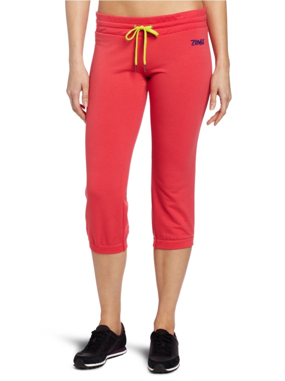 NEW Zumba Fitness Pink Coral Capri Pants with Neon Yellow Drawstring